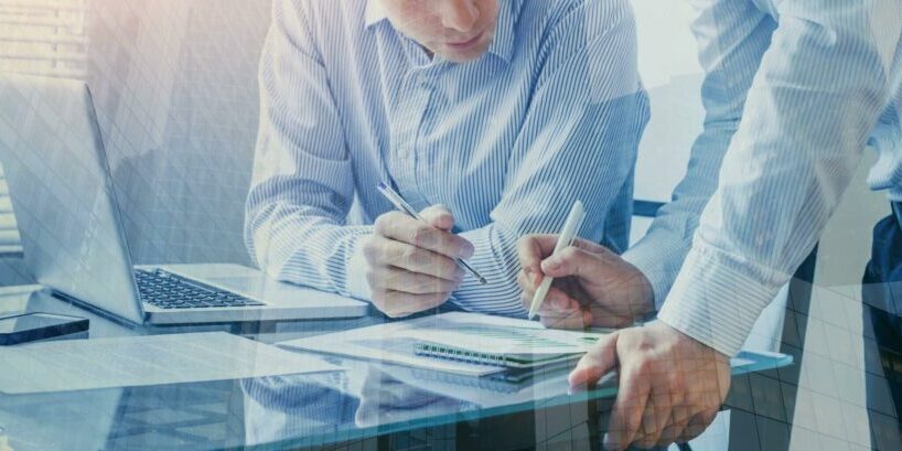 team of business people working together in the office, teamwork background banner, double exposure