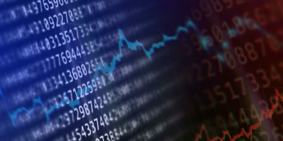 Widescreen Abstract financial graph with uptrend line and bar chart of stock market