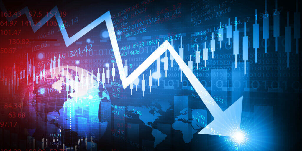 Decreasing arrow shows stock market crash. 3d illustration