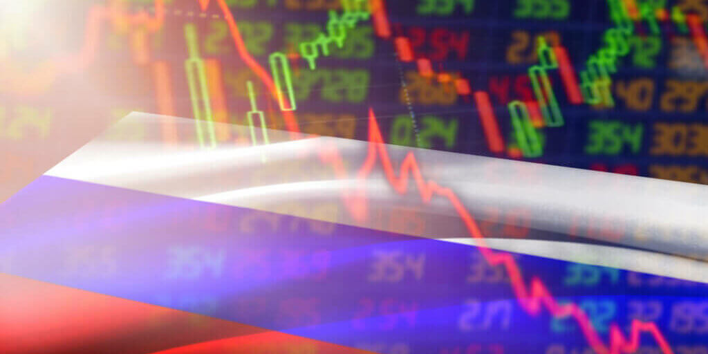 concept Stock exchange market business Downtrend line graph stock market  with flag symbols of Russia. financial stock market, cryptocurrency graph.