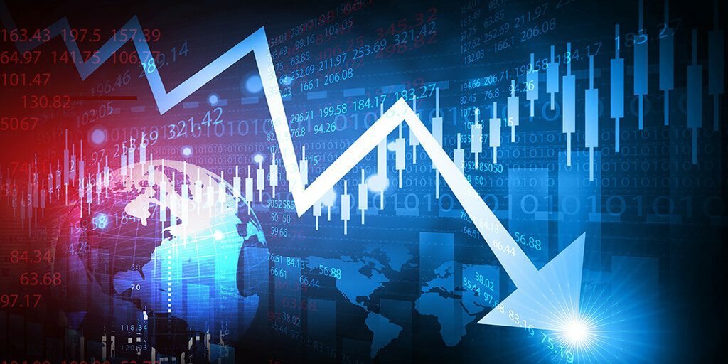 Decreasing arrow shows stock market crash. 3d illustration